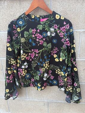 Floral Long-Sleeve Blouse - Black with Multi-Color Floral Print